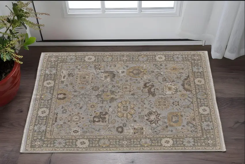 Gray and Brown Wool Oriental Hand Knotted Area Rug With Fringe Photo 1