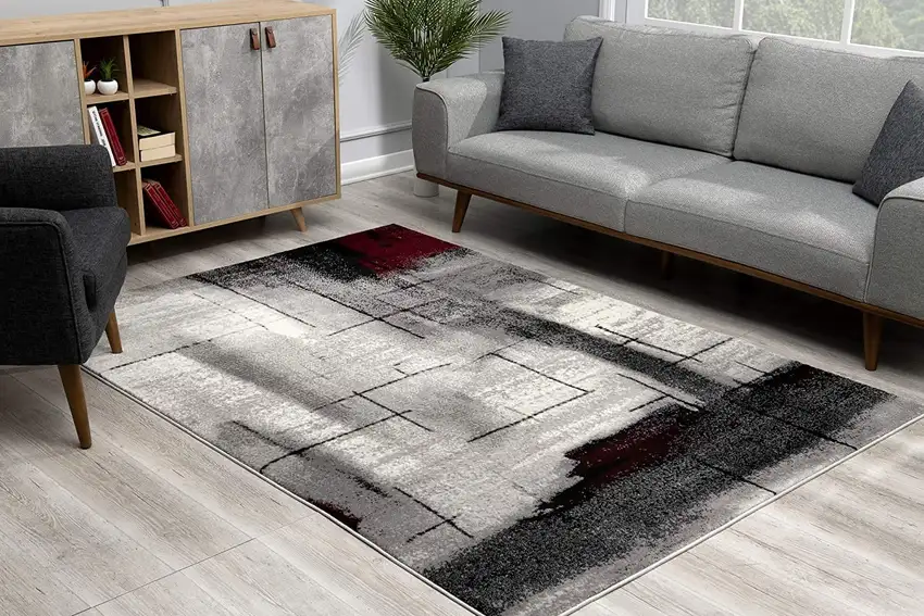 Gray and Burgundy Abstract Area Rug Photo 6