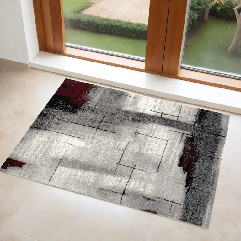 Gray and Burgundy Abstract Area Rug Photo 3