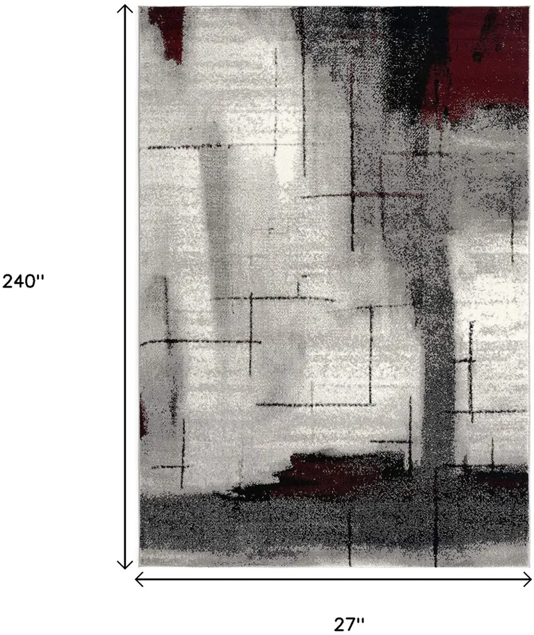 Gray and Burgundy Abstract Runner Rug Photo 4