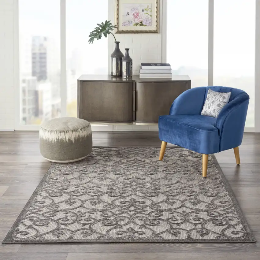 Gray Floral Indoor Outdoor Area Rug Photo 2