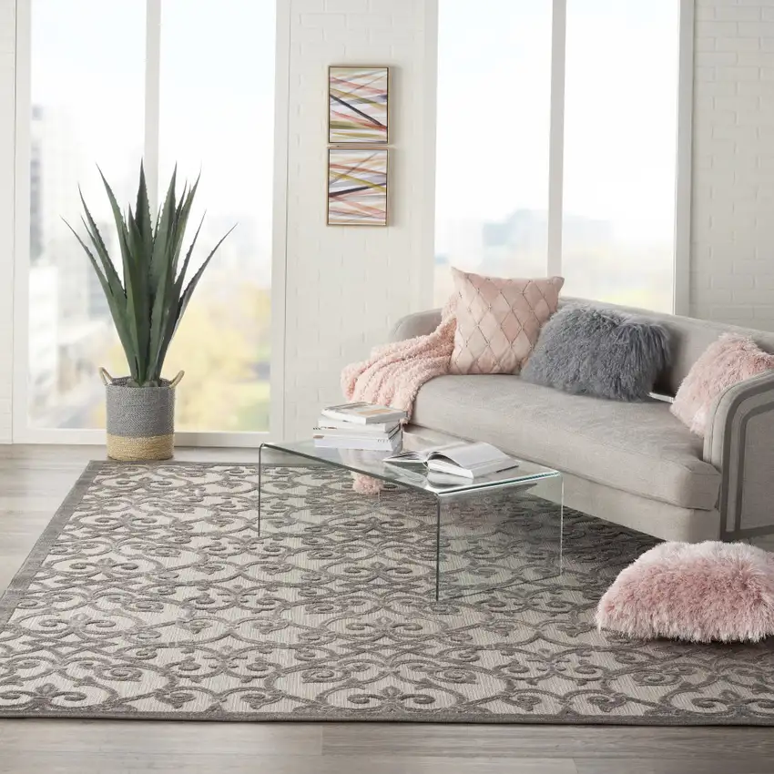 Gray Floral Indoor Outdoor Area Rug Photo 5