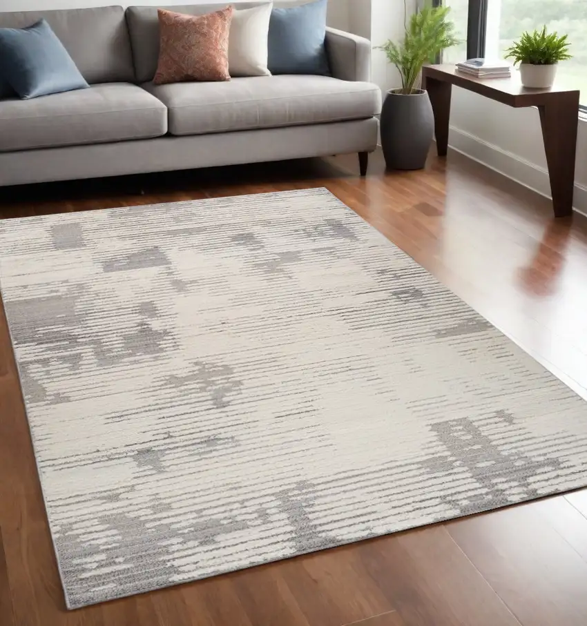 Gray and Cream Abstract Distressed Area Rug Photo 2