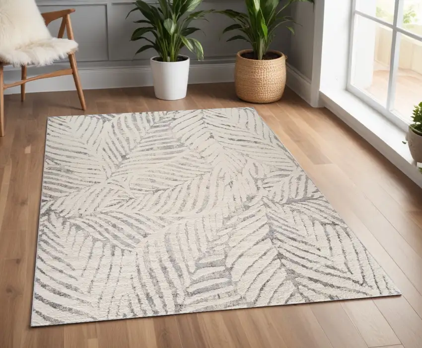 Gray and Cream Botanical Leaves Area Rug Photo 1