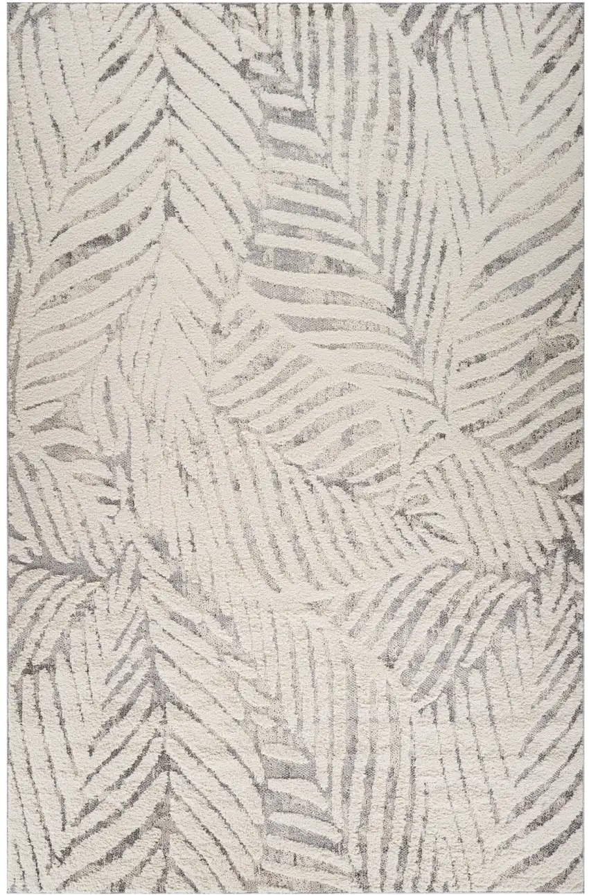 Gray and Cream Botanical Leaves Area Rug Photo 2