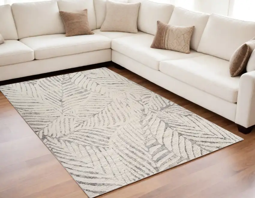 Gray and Cream Botanical Leaves Area Rug Photo 1