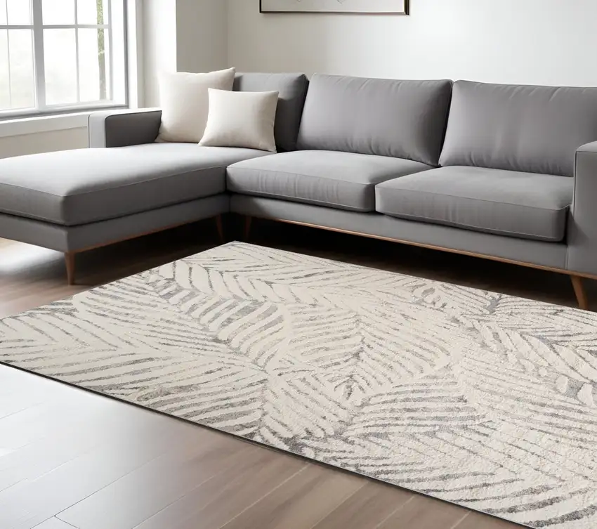 Gray and Cream Botanical Leaves Area Rug Photo 1