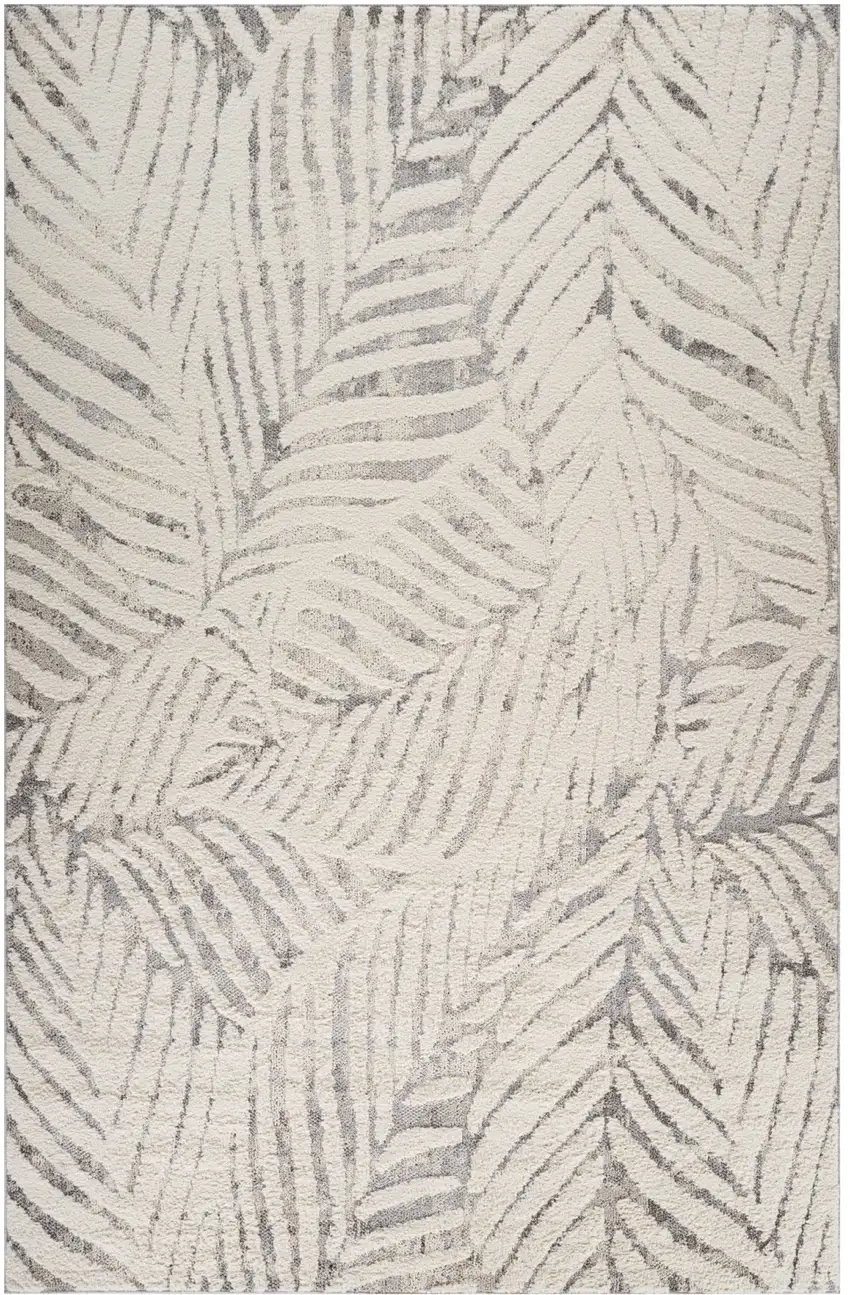 Gray and Cream Botanical Leaves Area Rug Photo 2