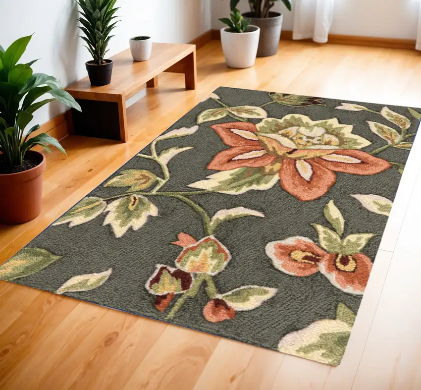 Gray and Cream Botanical Leaves Hand Carved Handmade Area Rug Photo 2