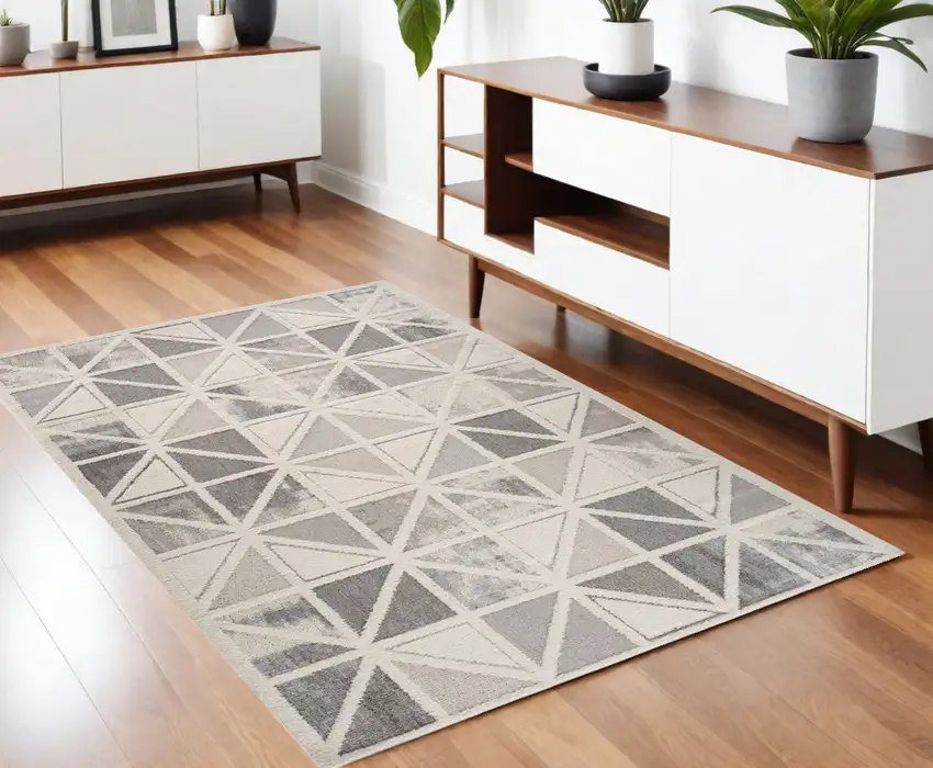 Gray and Cream Geometric Distressed Area Rug Photo 1