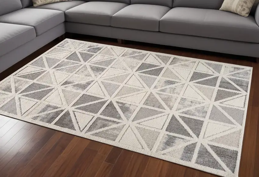Gray and Cream Geometric Distressed Area Rug Photo 2