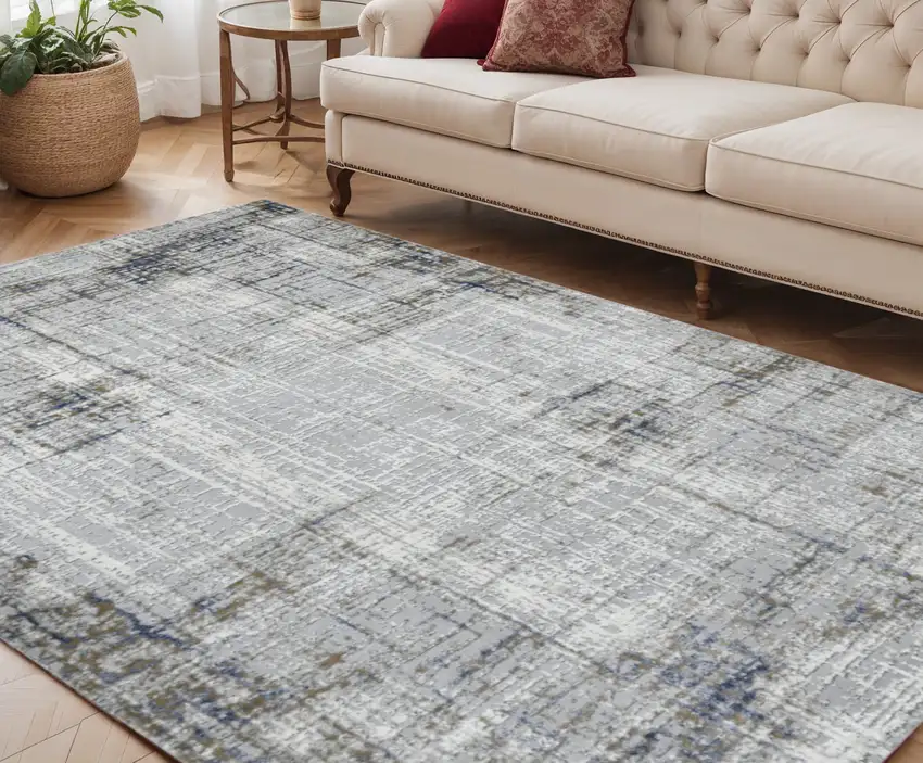 Ivory Blue and Gray Abstract Power Loom Area Rug Photo 1