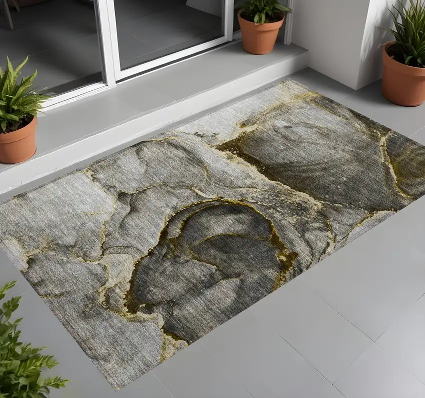 Gray and Gold Abstract Washable Non Skid Indoor Outdoor Area Rug Photo 1