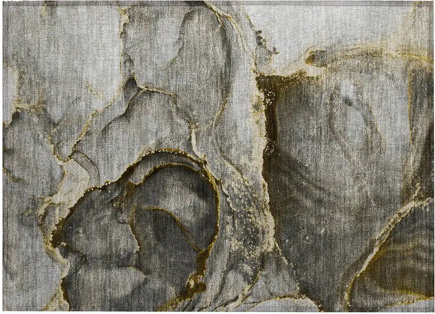 Gray and Gold Abstract Washable Non Skid Indoor Outdoor Area Rug Photo 2