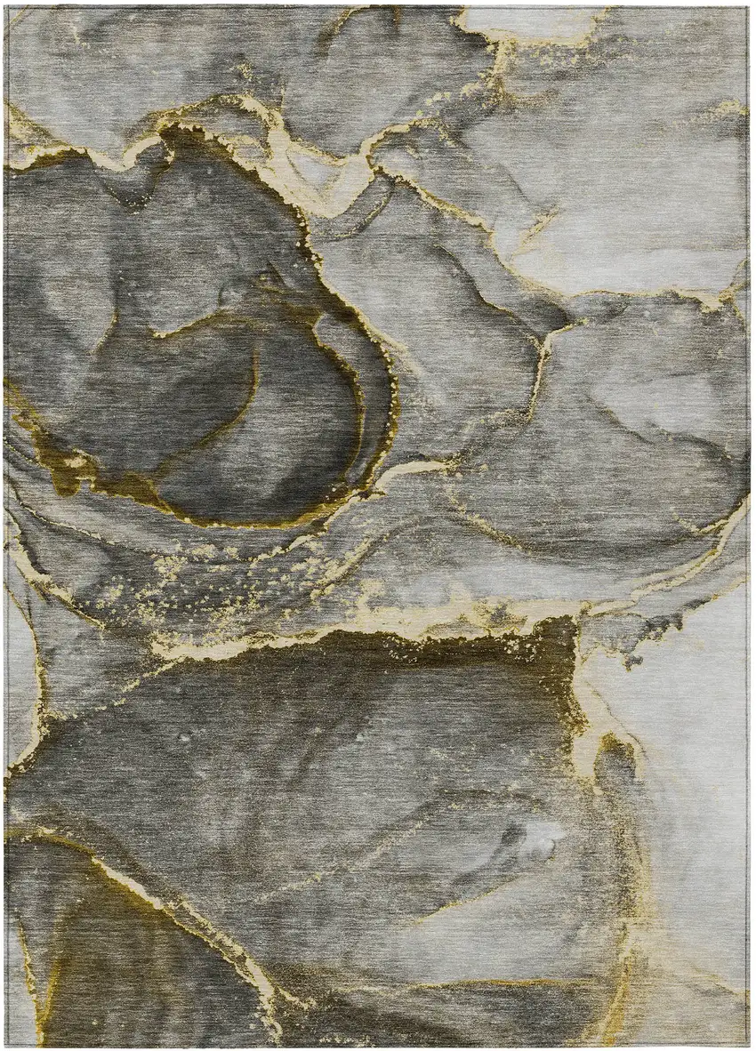 Gray and Gold Abstract Washable Non Skid Indoor Outdoor Area Rug Photo 2