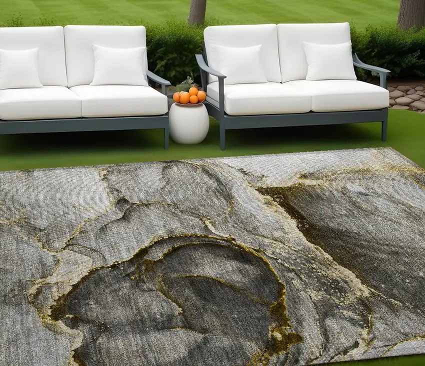 Gray and Gold Abstract Washable Non Skid Indoor Outdoor Area Rug Photo 1