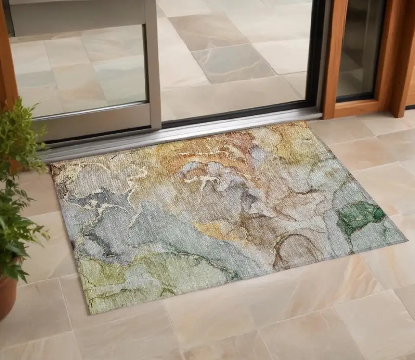 Gray and Gold Abstract Washable Non Skid Indoor Outdoor Area Rug Photo 2