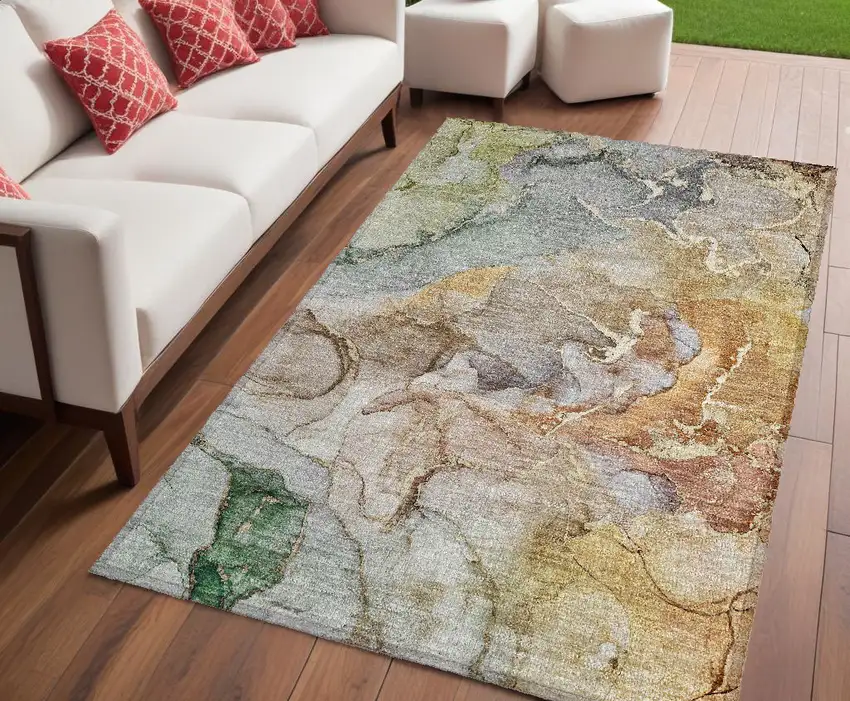Gray and Gold Abstract Washable Non Skid Indoor Outdoor Area Rug Photo 1