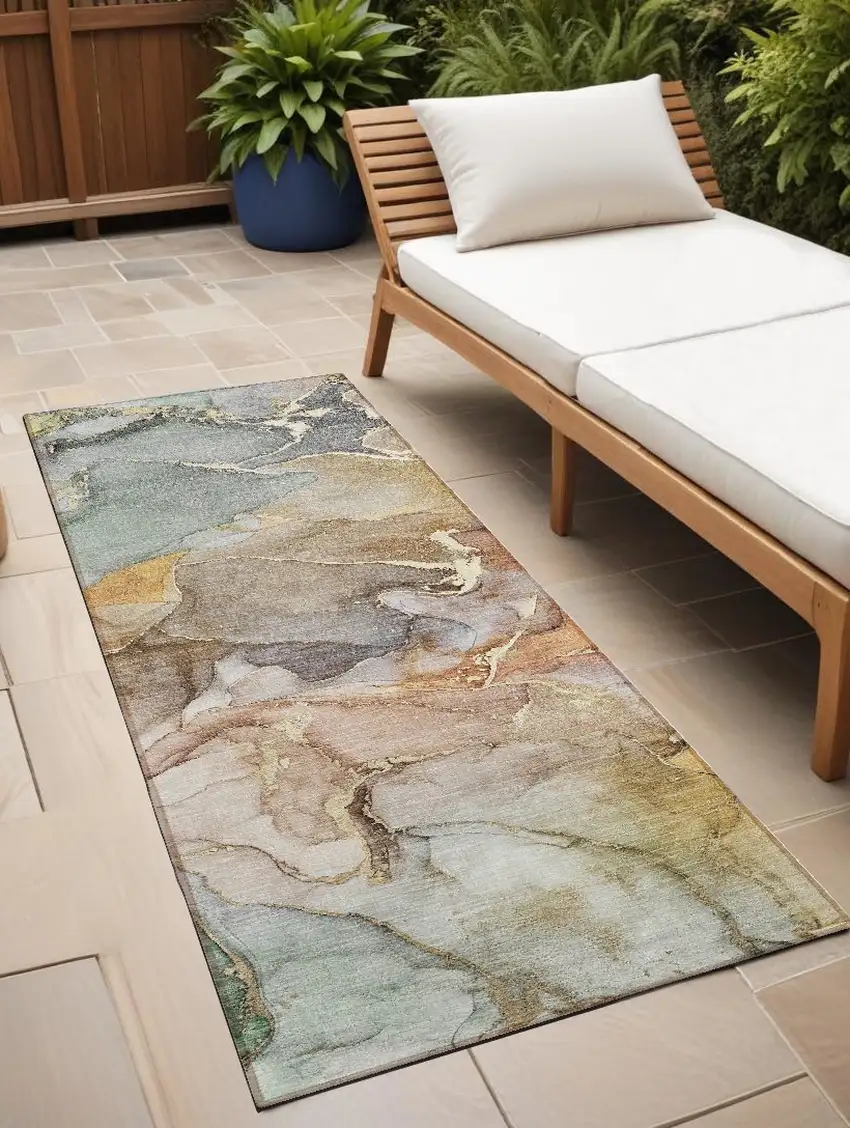 Gray and Gold Abstract Washable Non Skid Indoor Outdoor Runner Rug Photo 1