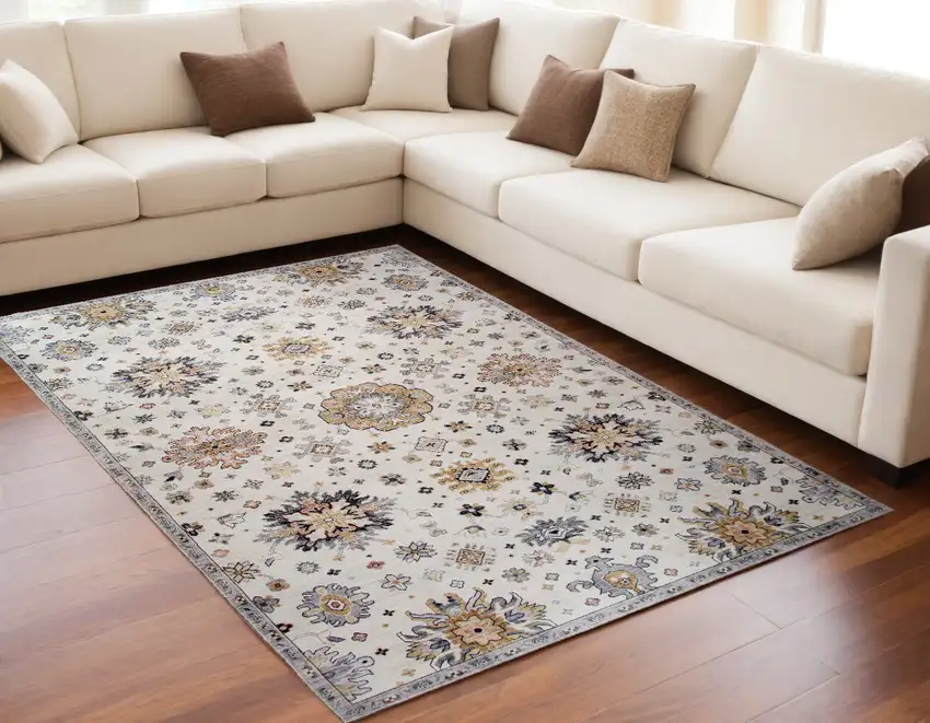 Gray and Gold Floral Area Rug Photo 1