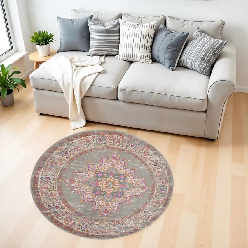 4' Gray And Gold Medallion Distressed Round Rug Photo 2