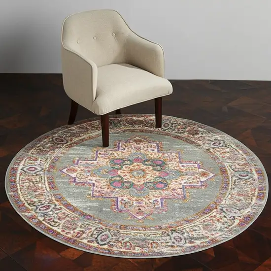 4' Gray And Gold Medallion Distressed Round Rug Photo 2