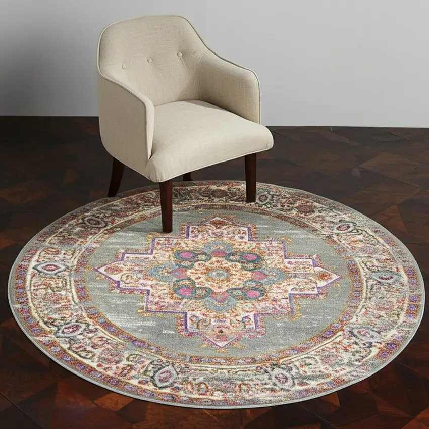 4' Gray And Gold Medallion Distressed Round Rug Photo 2