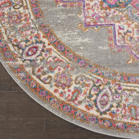 4' Gray And Gold Medallion Distressed Round Rug Photo 9
