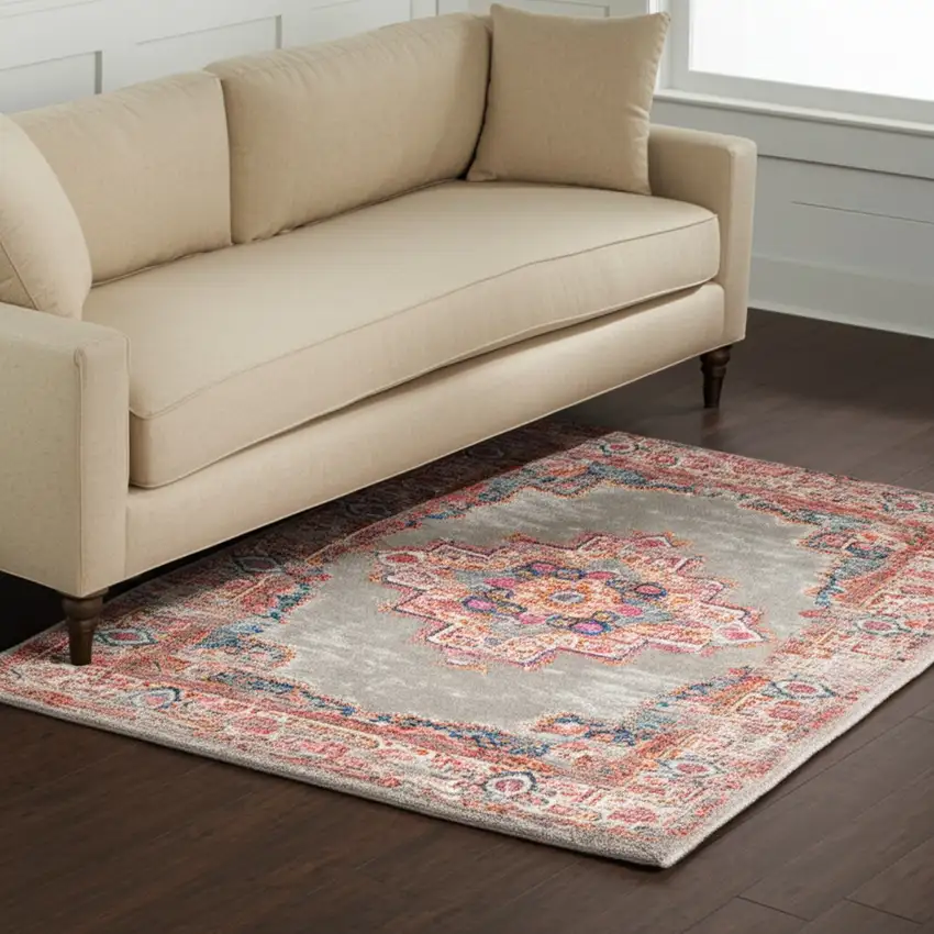 Gray And Gold Medallion Distressed Area Rug Photo 2