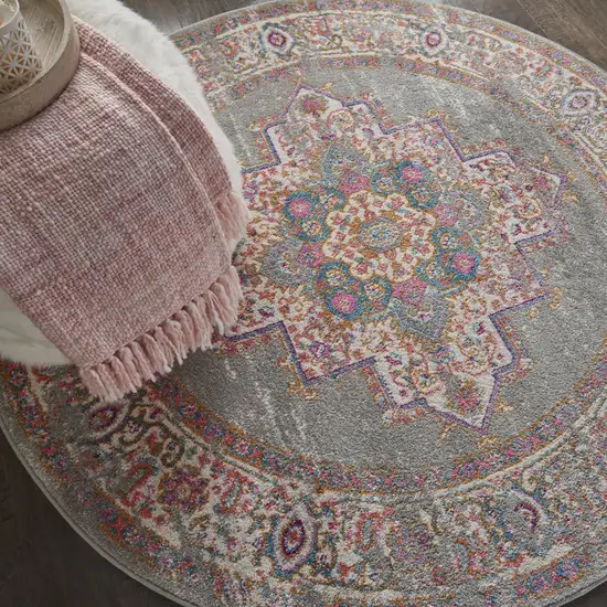5' Gray And Gold Medallion Distressed Round Rug Photo 9