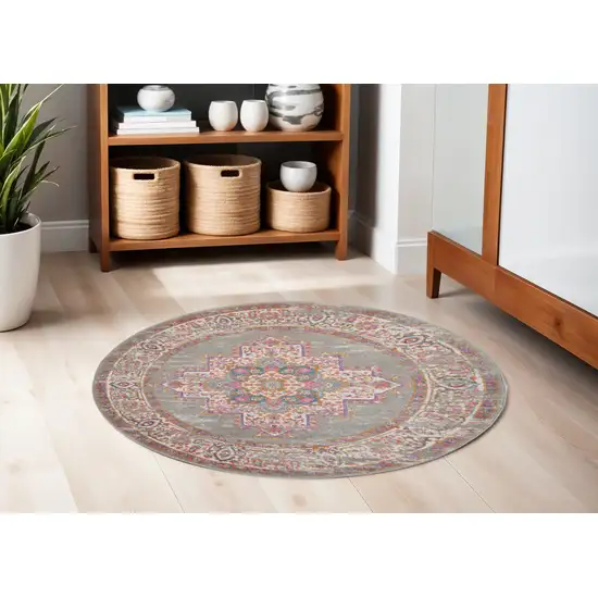 5' Gray And Gold Medallion Distressed Round Rug Photo 2