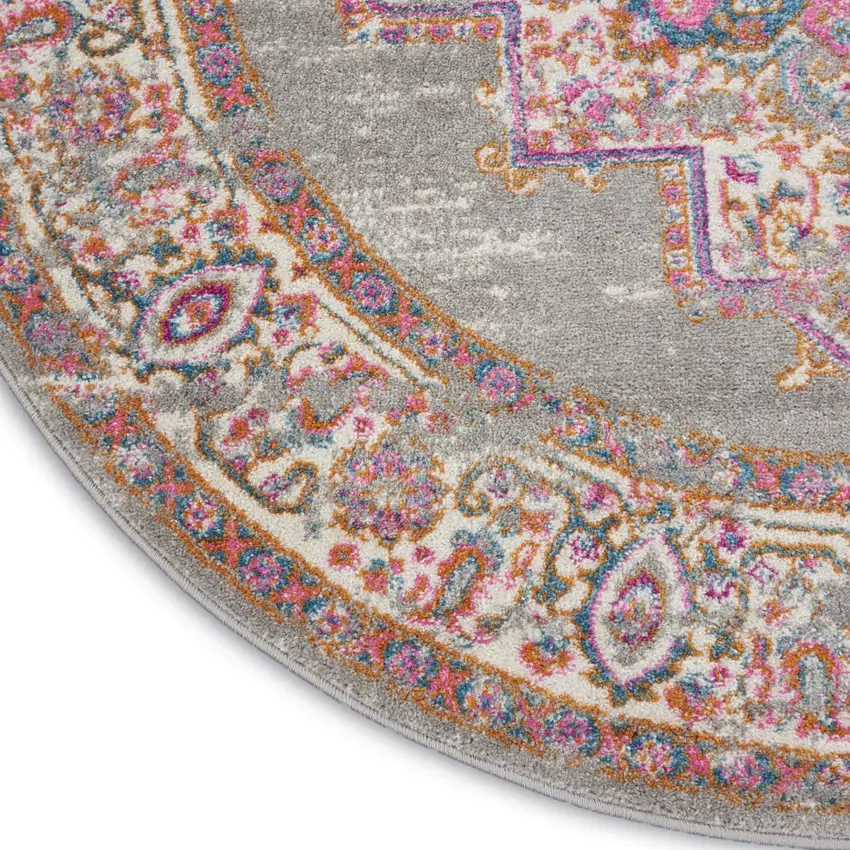 5' Gray And Gold Medallion Distressed Round Rug Photo 8