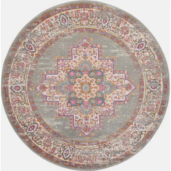 5' Gray And Gold Medallion Distressed Round Rug Photo 3
