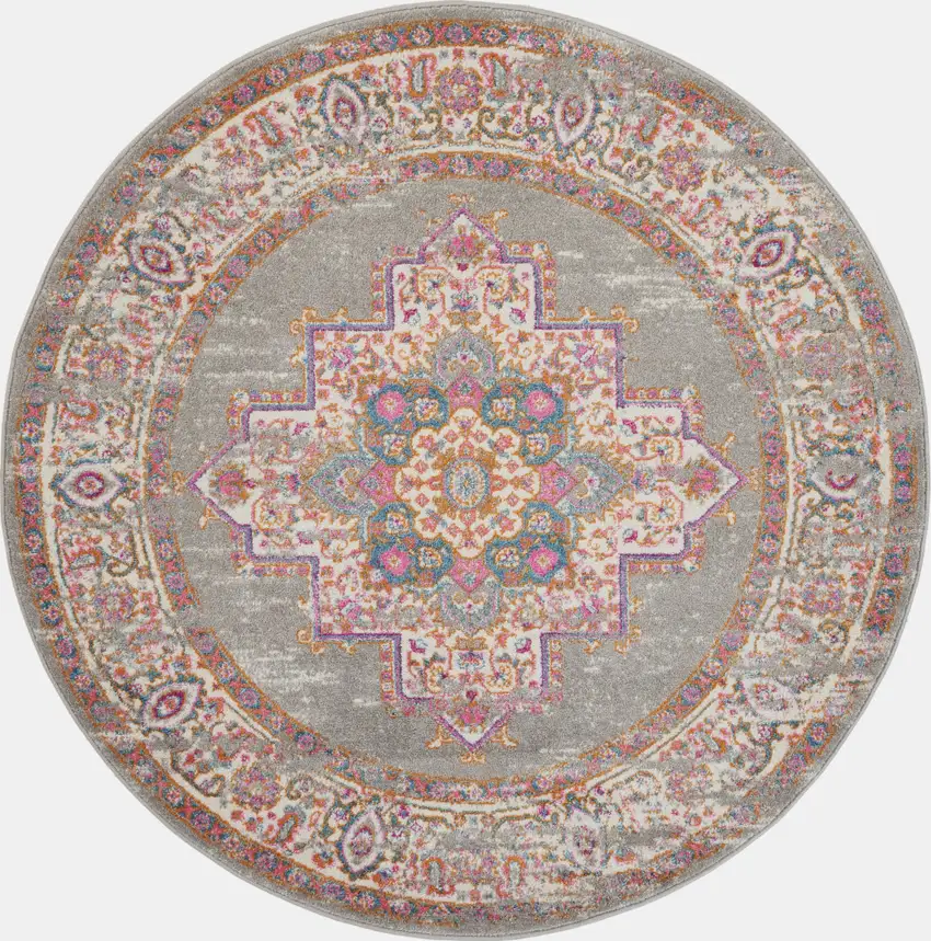 5' Gray And Gold Medallion Distressed Round Rug Photo 3
