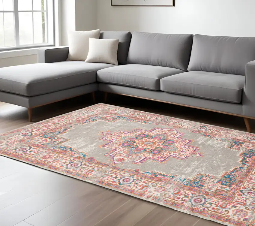 Gray And Gold Medallion Distressed Area Rug Photo 2