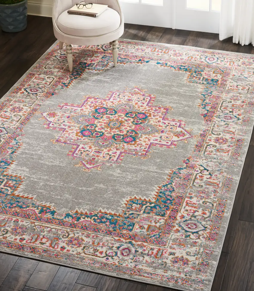 Gray And Gold Medallion Distressed Area Rug Photo 9