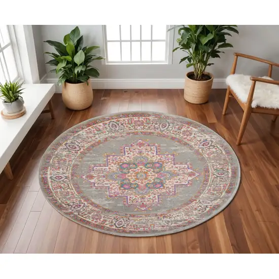 8' Gray And Gold Medallion Distressed Round Rug Photo 2