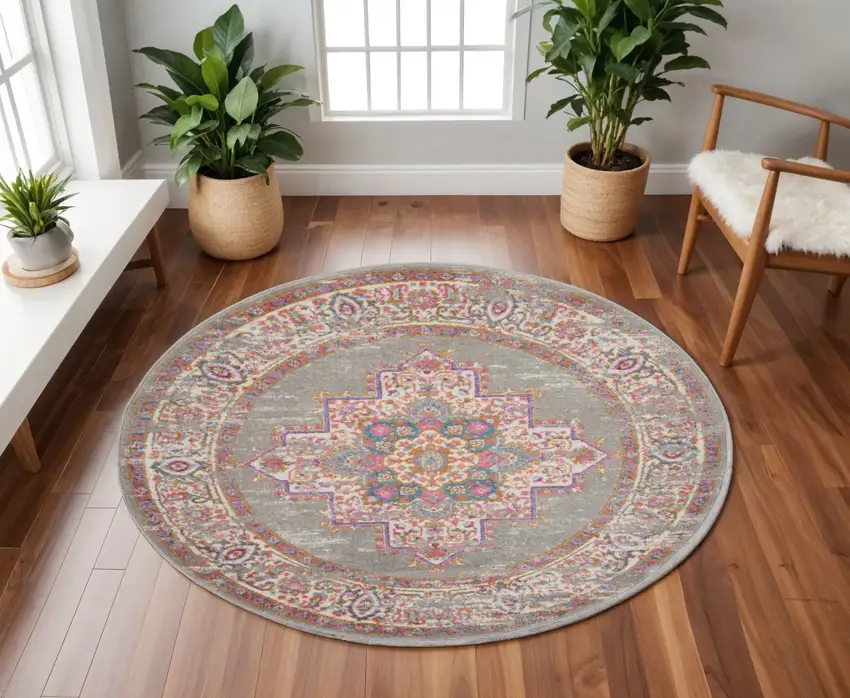8' Gray And Gold Medallion Distressed Round Rug Photo 2