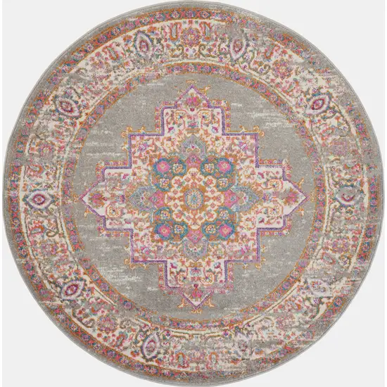 8' Gray And Gold Medallion Distressed Round Rug Photo 3