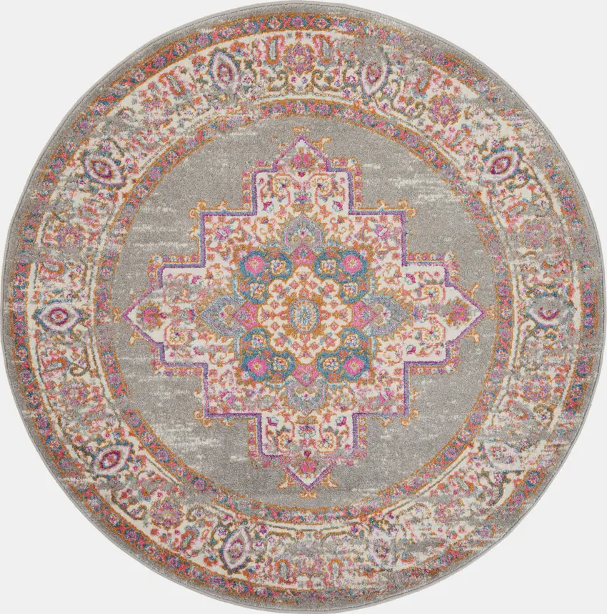 8' Gray And Gold Medallion Distressed Round Rug Photo 3
