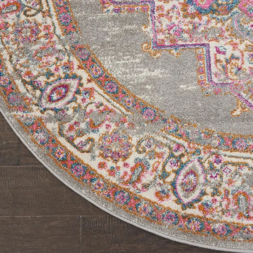 8' Gray And Gold Medallion Distressed Round Rug Photo 8
