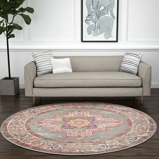 8' Gray And Gold Medallion Distressed Round Rug Photo 2