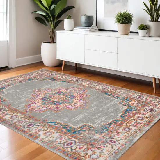 Gray And Gold Medallion Distressed Area Rug Photo 2