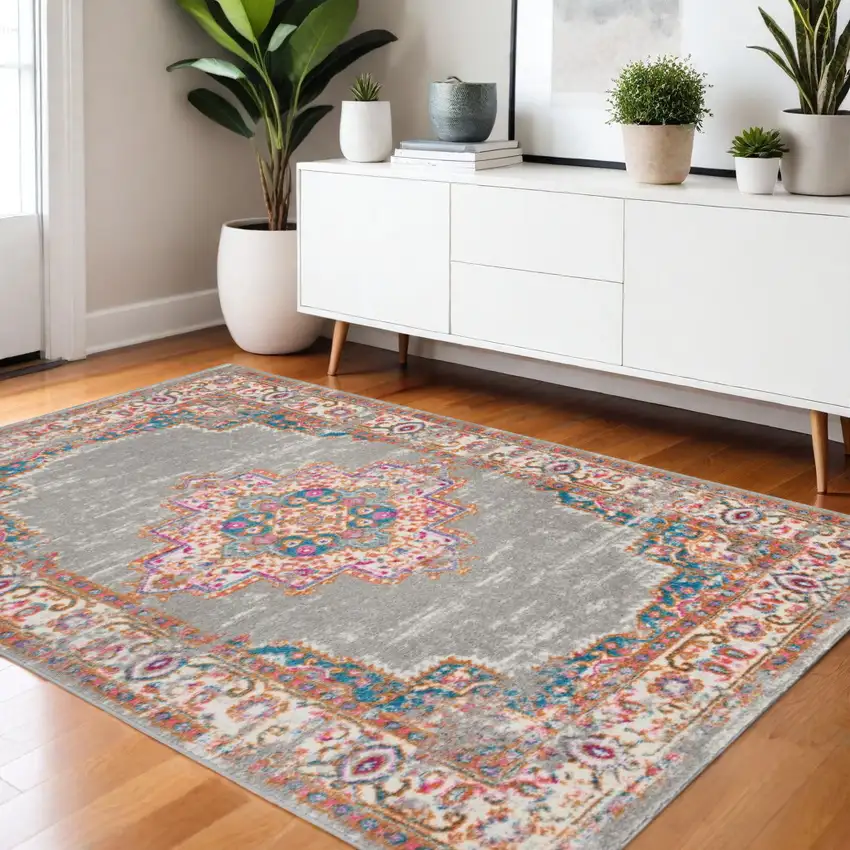 Gray And Gold Medallion Distressed Area Rug Photo 2