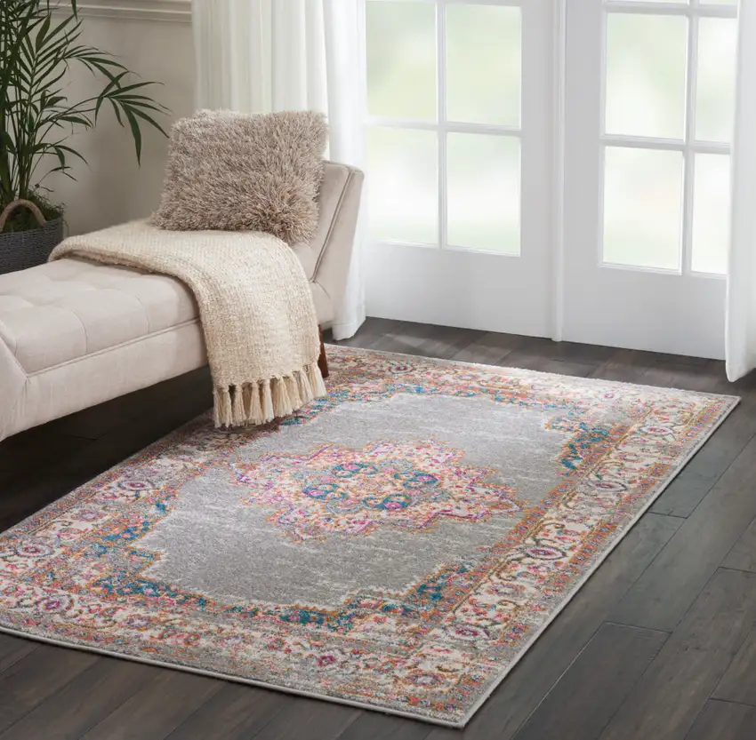 Gray And Gold Medallion Distressed Area Rug Photo 9