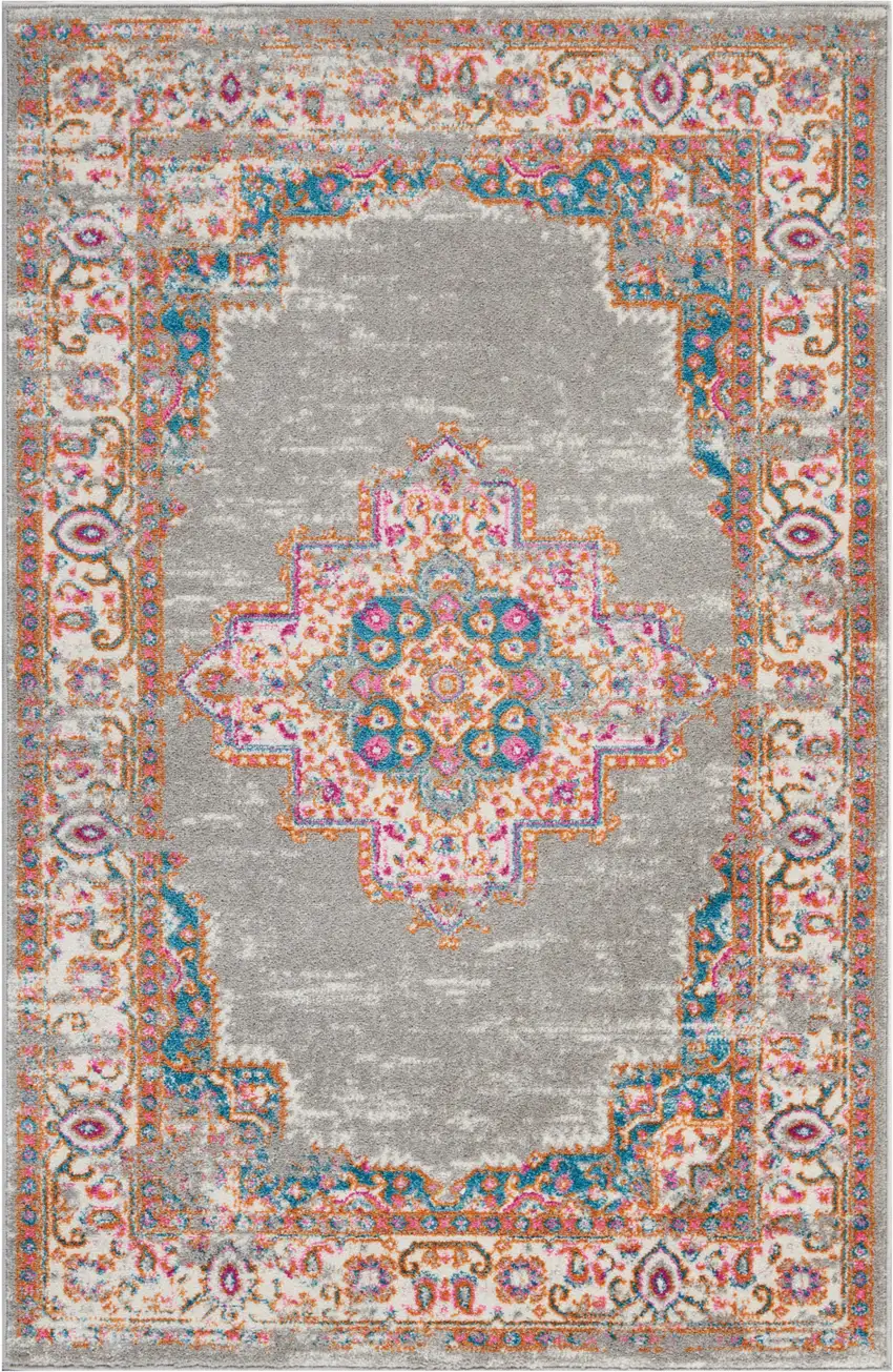 Gray And Gold Medallion Distressed Area Rug Photo 1