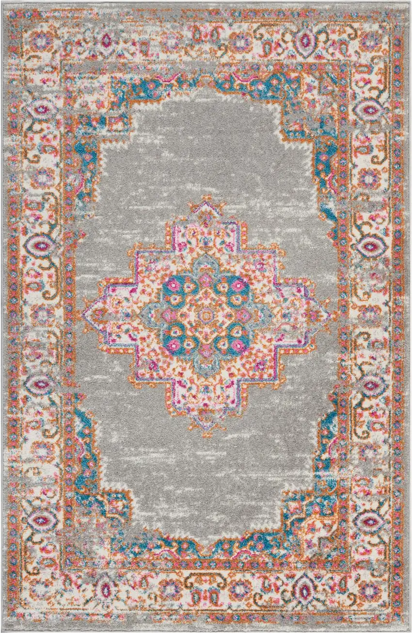 Gray And Gold Medallion Distressed Area Rug Photo 8