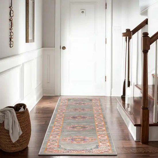 10' Gray And Gold Medallion Distressed Runner Rug Photo 2