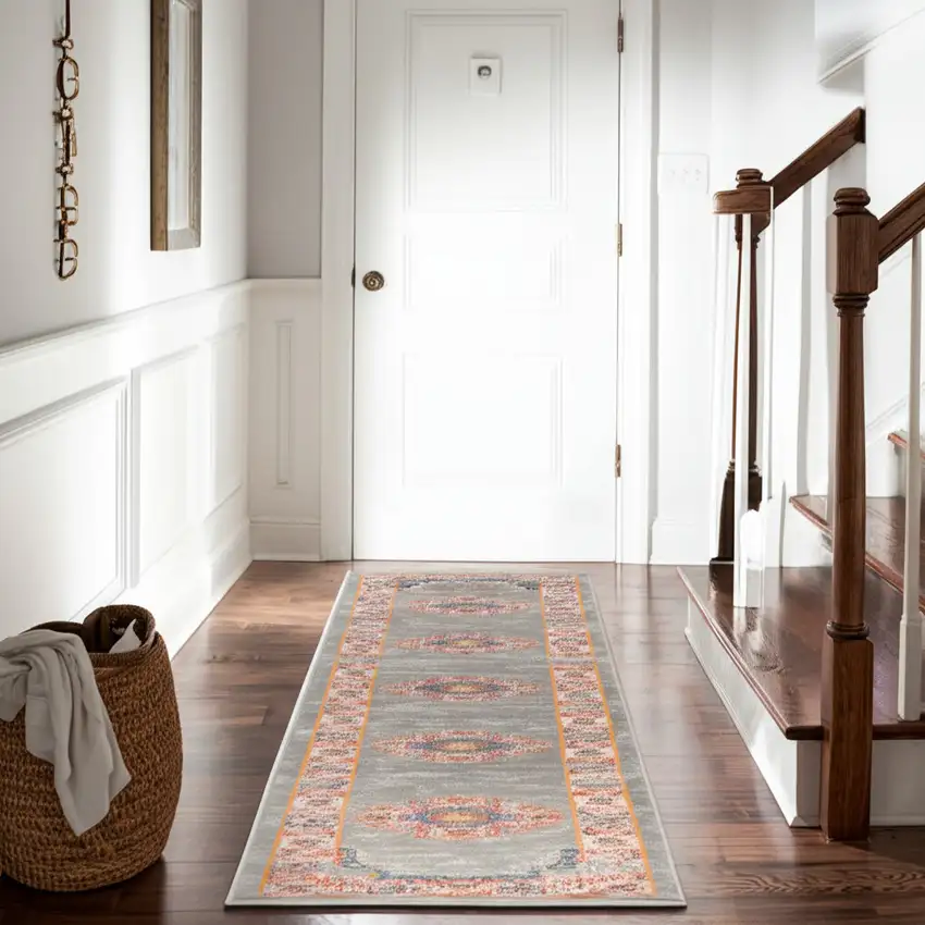 10' Gray And Gold Medallion Distressed Runner Rug Photo 2