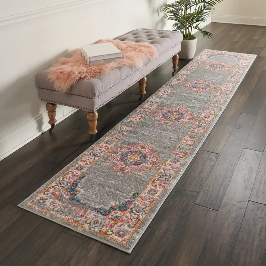 10' Gray And Gold Medallion Distressed Runner Rug Photo 7